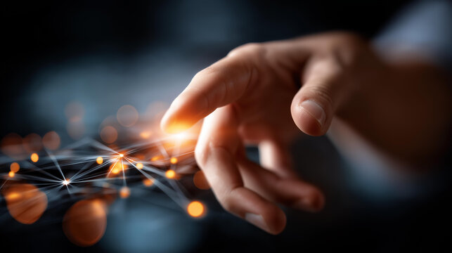 Faceless hand pointing at glowing AI text defocused digital network overlay background artificial intelligence symbolism machine learning representation advanced technology