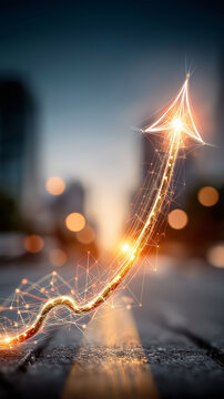 Glowing arrow rises upward on city street, symbolizing growth and progress. digital, futuristic design features bright lights and blurred urban background, creating dynamic and hopeful atmosphere