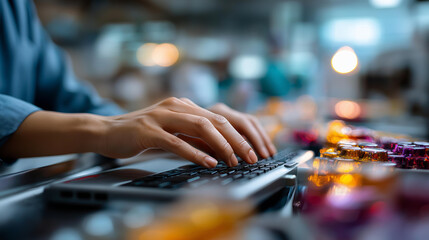 Faceless hands typing on touchscreen device defocused AI driven procurement engine background flowing data streams supplier feedback visualization inventory levels display