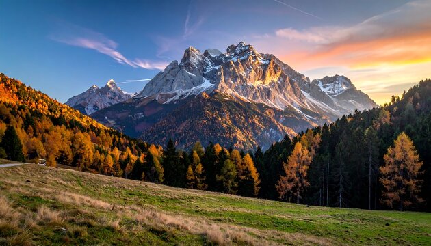 Majestic mountains stand at sunset amid trees in autumn colors, sky colored pink and blue