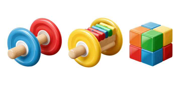 Wooden Toys Set of Car, Xylophone and Cube on Transparent Background