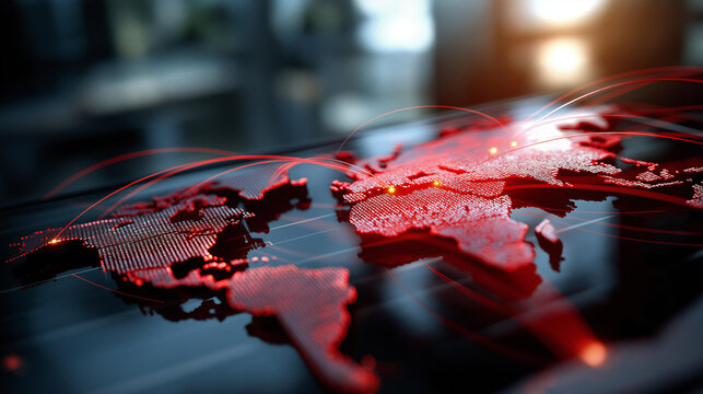 Digital world map highlighted with red data lines faceless global trends visualization defocused tech themed environment background analytics representation international