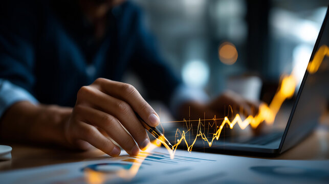 Business finance data analytics graph visualization faceless financial management technology defocused advisor using KPI dashboard background virtual screen metrics performance