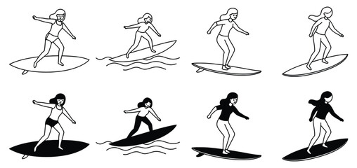 Dynamic women skillfully surf ocean waves showcasing athleticism and active lifestyle in this vibrant collection of illustrations
