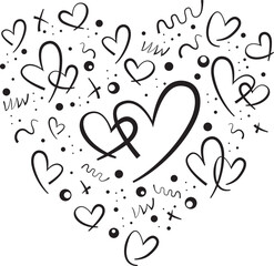 Hand-drawn doodle heart composition. Black and white vector illustration with various scribble hearts, crosses, and dots, forming a large heart shape