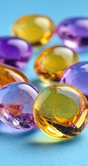 Translucent colorful glass pebbles scattered on light blue