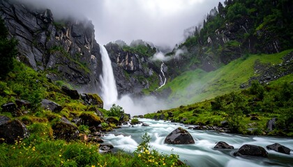 A powerful waterfall cascades down a steep, rocky cliff into a flowing river amidst lush greenery