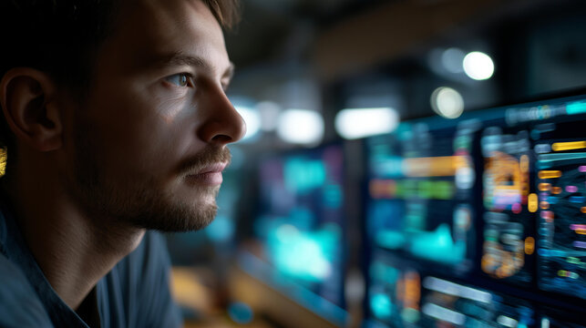 Data analysis science and big data with AI faceless analyst or scientist defocused computer dashboard background complex data sets analysis insights development information