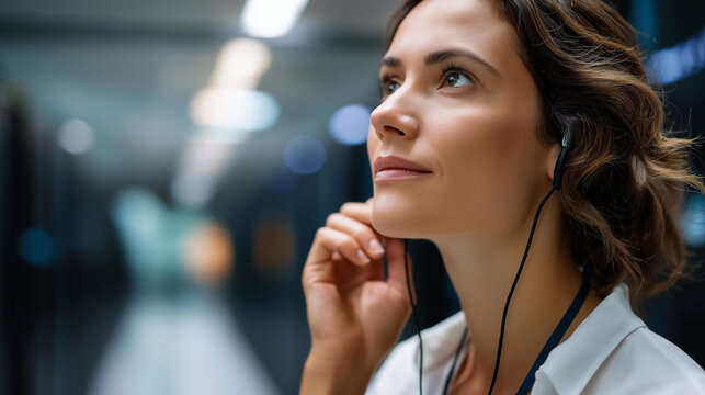 Faceless woman putting headphones in server room defocused data center background disaster recovery planning minimal downtime assurance data analytics monitoring performance - Powered by Adobe