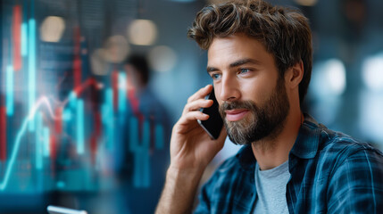 Faceless software engineer with phone call overlay defocused chart analytics background graph display server maintenance upgrade tablet usage programmer checking data double