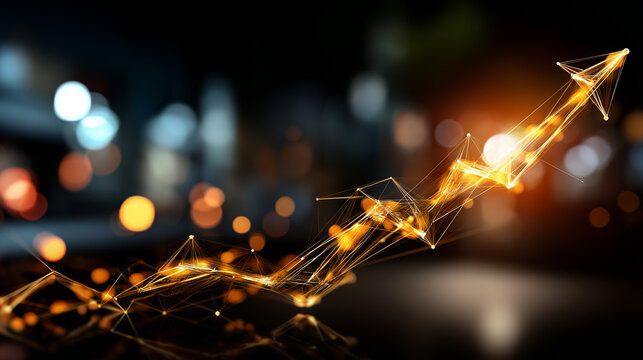 Glowing upward arrow graph made of digital particles faceless growth visualization defocused dark background with bokeh lights symbolizing success financial growth business