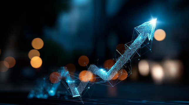 Glowing upward arrow graph made of digital particles faceless growth visualization defocused dark background with bokeh lights symbolizing success financial growth business - Powered by Adobe