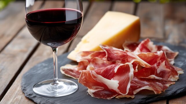Savor a delightful scene of red wine elegantly poured in a glass, accompanied by rich prosciutto slices and a block of cheese on a slate board, inviting moments of relaxation and taste