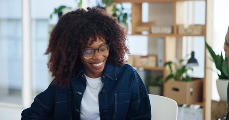 Happy women, designers and success with high five for project completion or finished deadline. Female people, colleagues or employees with smile for well done, good job or teamwork in workplace