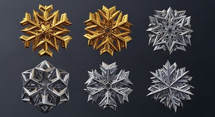 Collection of six ornate metallic snowflake emblems in gold and silver on a dark background