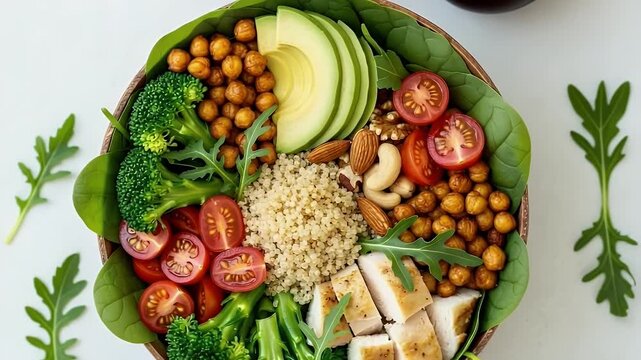 This vibrant, overhead studio shot captures a meticulously arranged wholesome meal in a rustic bowl, brimming with fresh and nutritious ingredients. The colorful composition features a generous bed of