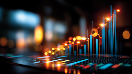 Dynamic 3D bar chart visualization with glowing lights faceless data growth representation defocused red and blue background financial analysis display modern tech environment