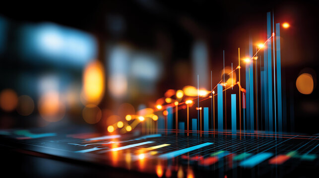 Dynamic 3D bar chart visualization with glowing lights faceless data growth representation defocused red and blue background financial analysis display modern tech environment