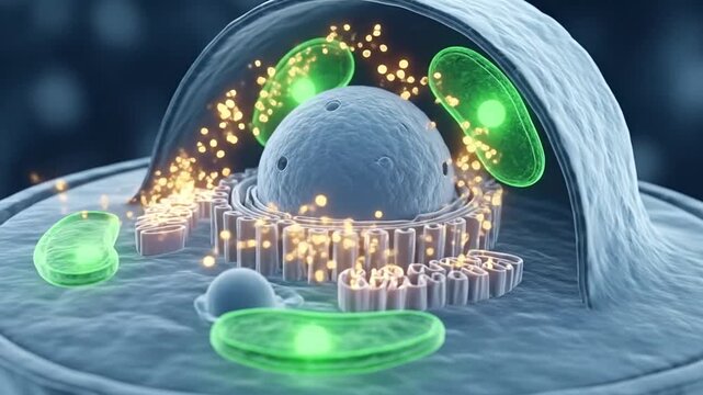 Cellular Biology Microscopic View Showing Nucleus Mitochondria And Endoplasmic Reticulum With Golden Particles In Blue Tones