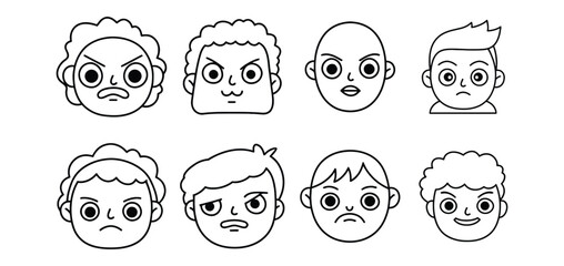 Captivating cartoon faces express a dynamic range of emotions from anger and frustration to confusion and happiness, perfect for engaging visual storytelling.