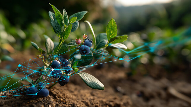 Blueberries growing in garden with data visualization faceless agricultural trends defocused analytics elements background farming intelligence crop monitoring precision