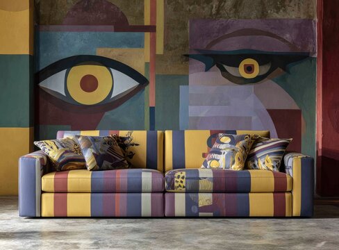 Vivid patterned sofa beneath a vibrant wall mural of abstract geometric eyes and shapes