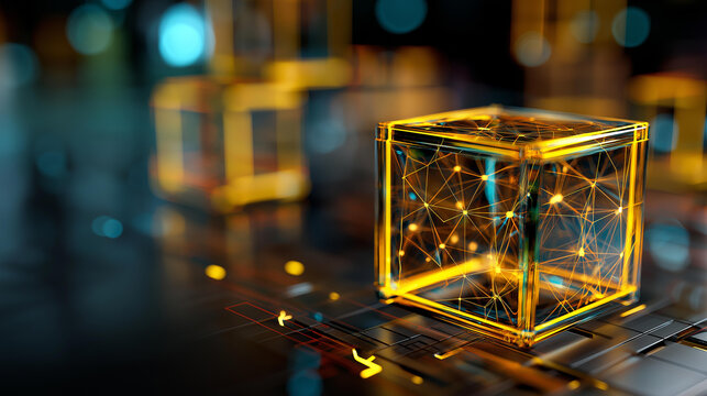 3D rendering of glowing holographic cubes faceless interconnected visualization defocused digital circuit boards background network lines display abstract geometric design neo