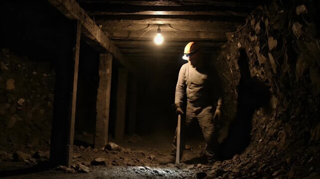 Coal Miner in Underground Mine Shaft with Support Beams and Light