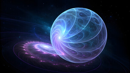 Glowing blue and purple fractal egg with swirling energy trail