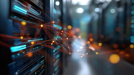 Data analytics AI and database management technology faceless global network connection defocused cloud server background data center technology data science engineering inter