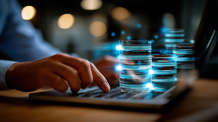 Data science and engineering digital technology faceless software engineer working defocused database background big data analytics cloud computing AI data exchange innovation