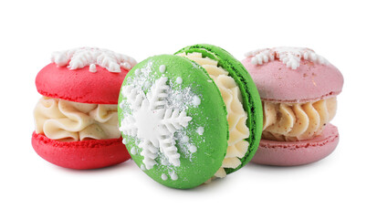 Festively decorated macarons isolated on white. Christmas treat