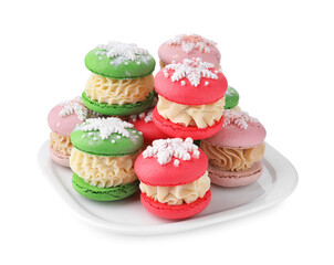 Festively decorated macarons isolated on white. Christmas treat