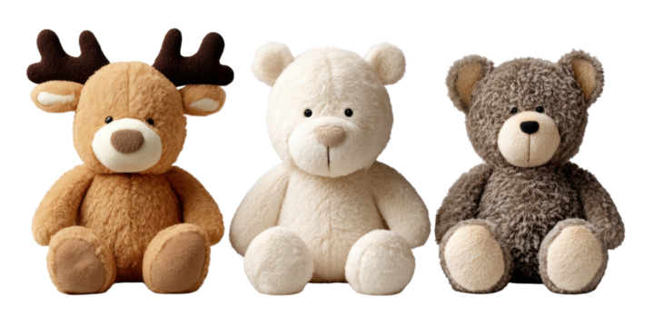 Three animal plush toys sitting against transparent backdrop