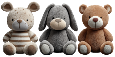 Cute stuffed animals trio sitting on transparent background