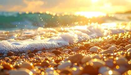 Glistening pebble beach meets sun-kissed waves at sunset, creating a warm and inviting coastal scene