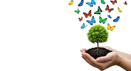 Green Tree Cradled in Hands, Butterflies Around