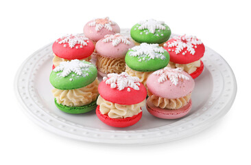 Festively decorated macarons isolated on white. Christmas treat