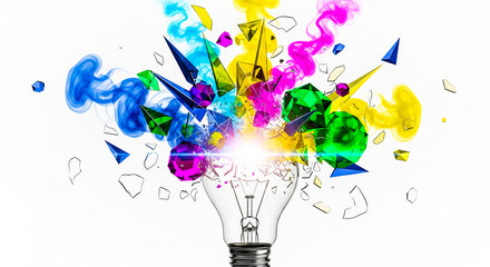 Creative lightbulb exploding with colorful geometric shapes and ink smoke burst