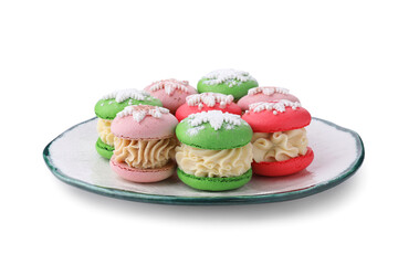 Festively decorated macarons isolated on white. Christmas treat