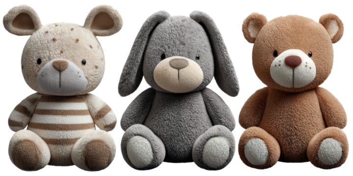 Cute stuffed animals trio sitting on transparent background