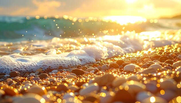 Glistening pebble beach meets sun-kissed waves at sunset, creating a warm and inviting coastal scene