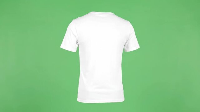 Rear view of a plain white t-shirt for men, isolated on a vibrant green background. Blank apparel mockup for custom design and branding