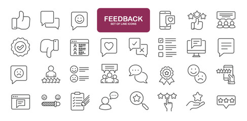 Set of line icons related to feedback, testimonial, review, rating, survey. Outline icons collection