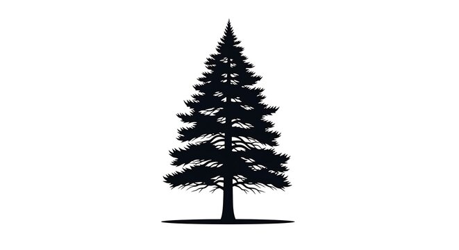 Silhouette of a tall evergreen pine tree with a conical shape and textured branches against a white background - Powered by Adobe