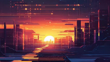 Digital cityscape during sunset with flowing data lines - Powered by Adobe