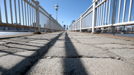 Obraz premium Low angle view of a bridge walkway with city in the background.