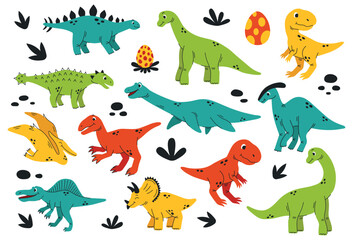 Dinosaur set. Various prehistoric species with friendly expressions. Perfect for kids' room decor, educational materials, and party printables. Bright colors and simple designs.Vector illustration