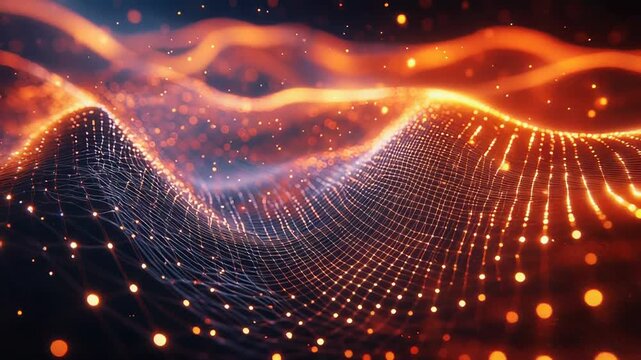 Digital data network connecting glowing particles and energy waves