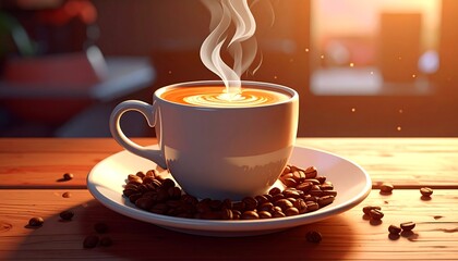 Steaming coffee cup with beans on a saucer, wooden surface, warm lighting, blurry background creates depth